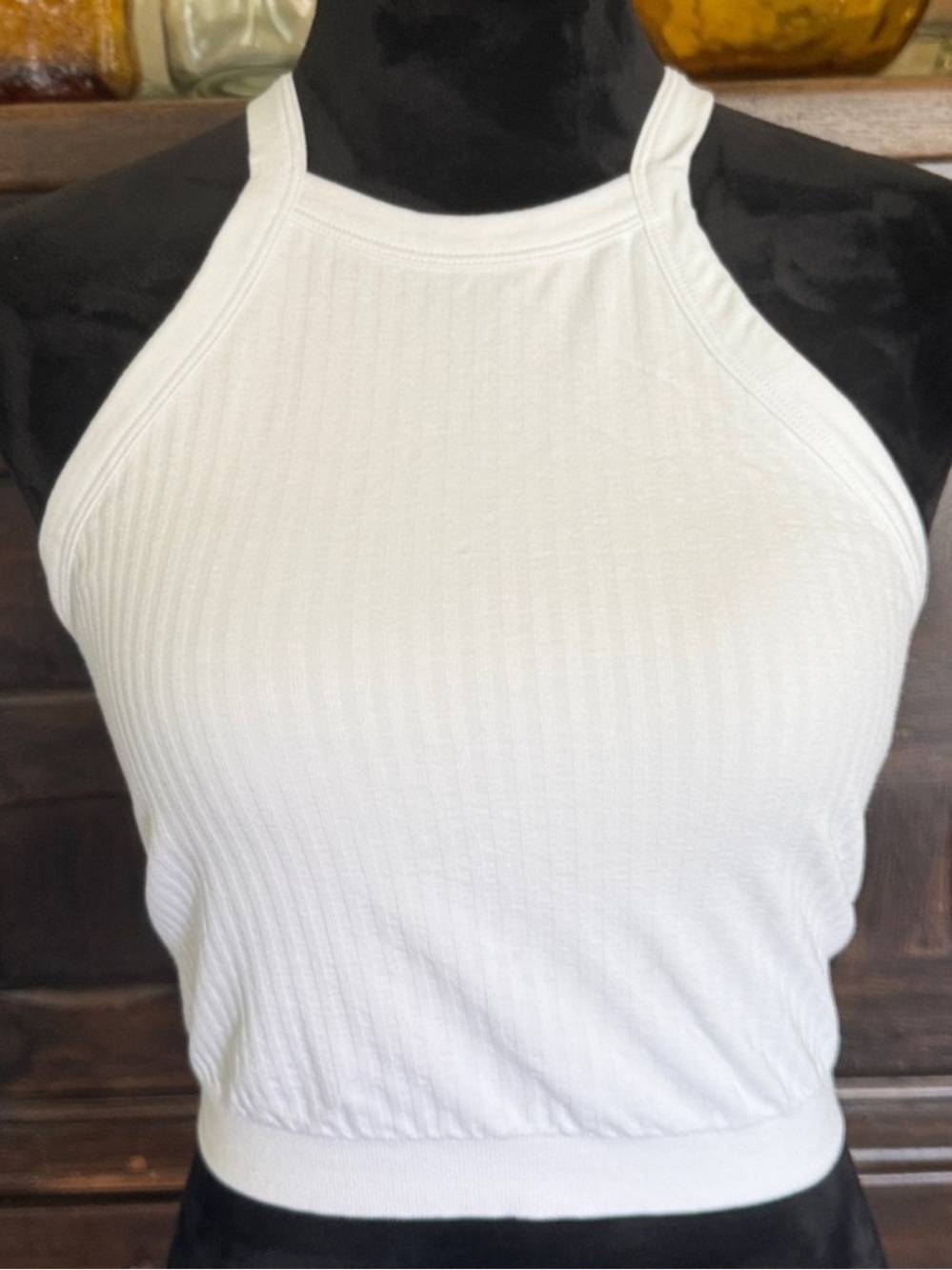 Fabletics White Ribbed Halter Crop Top women well worn sports bra size small